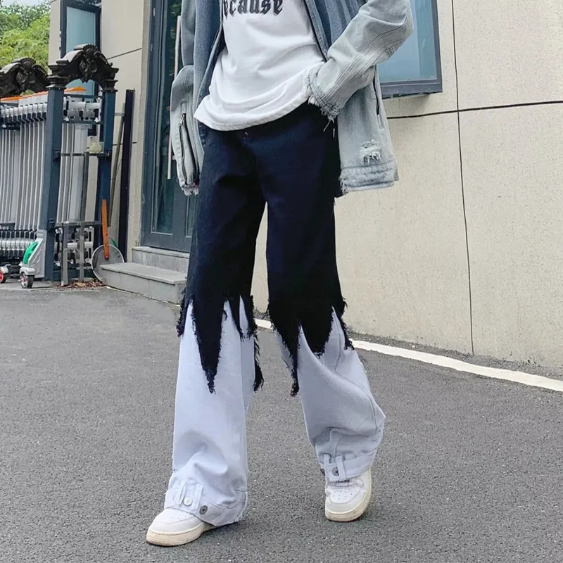 Y2K Fashion Black White Spliced Baggy Flared Stacked Jeans Pants For Men Clothing Women Wide Leg Long Trousers Ropa Hombre 240819