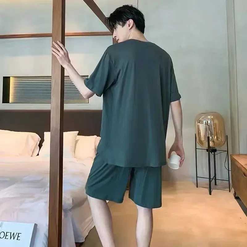Sleepwear color mens cool suit collar summer fashion soft shorts casual loose 2-piece sleepwear simple sleeves solid sleepwearW240719