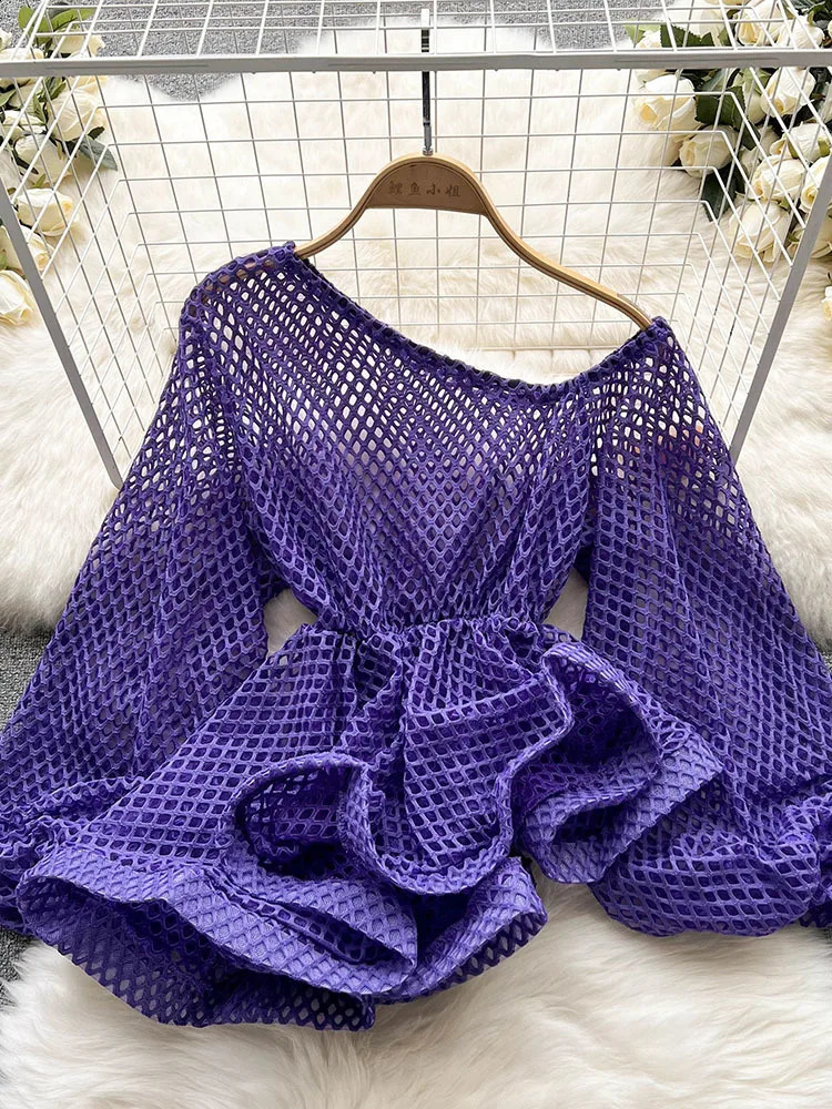 XFPV autumn summer fashion Korean chic patchwork hollow shirt loose long sleeved top womens SM2255 240819
