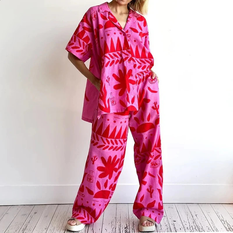 Women Single Breasted Lapel Short Sleeve TopWide Leg Trousers Suit Geometric Print Cardigan Shirt Pants 2 Pcs Set Beach Outfits 240819