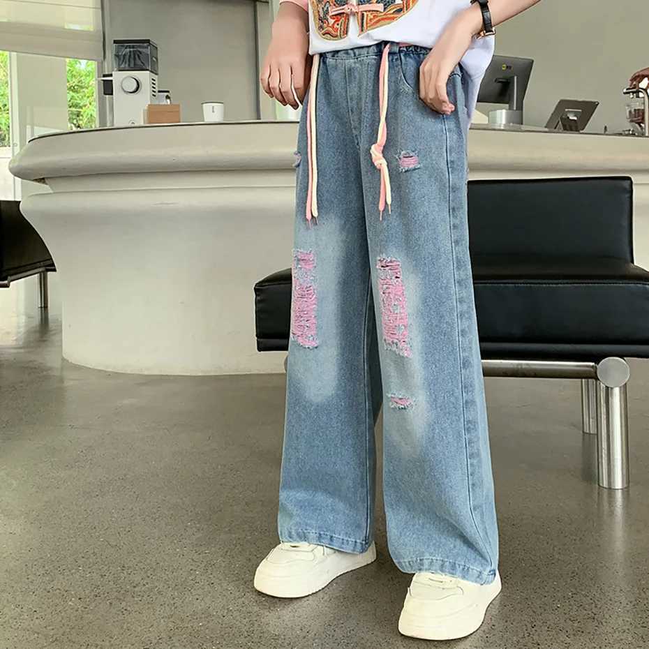 Girl torn jeans big hole jeans girl spring autumn jeans childrens casual style childrens clothing 6 8 10 12 14W240819