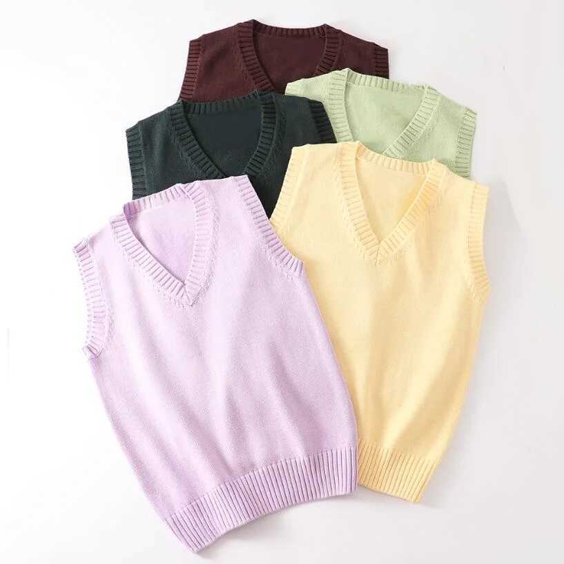 Teenager School Girl Uniform Sleeveless Sweaters Women Vest Students Girls V Neck Knitted Pullover Female Waistcoat Ladies TopsXJ240819