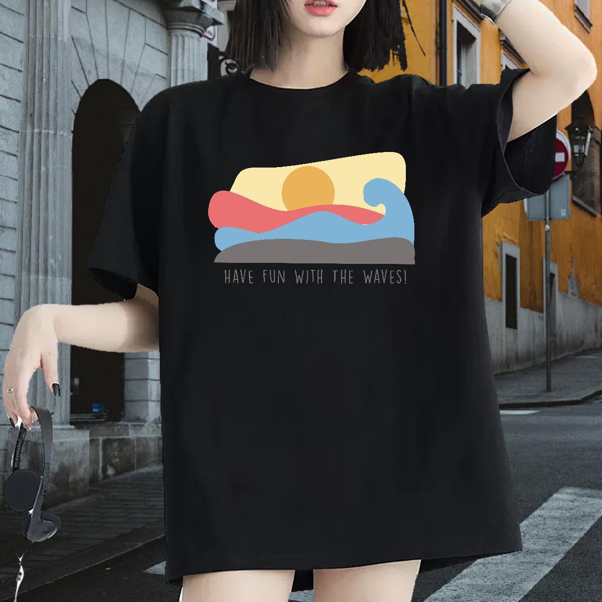 New Womens Tshirts Outdoor Breathable Short Sleeve Tops Tees Popular 230g Cotton beach Plus Size Cartoon T shirt