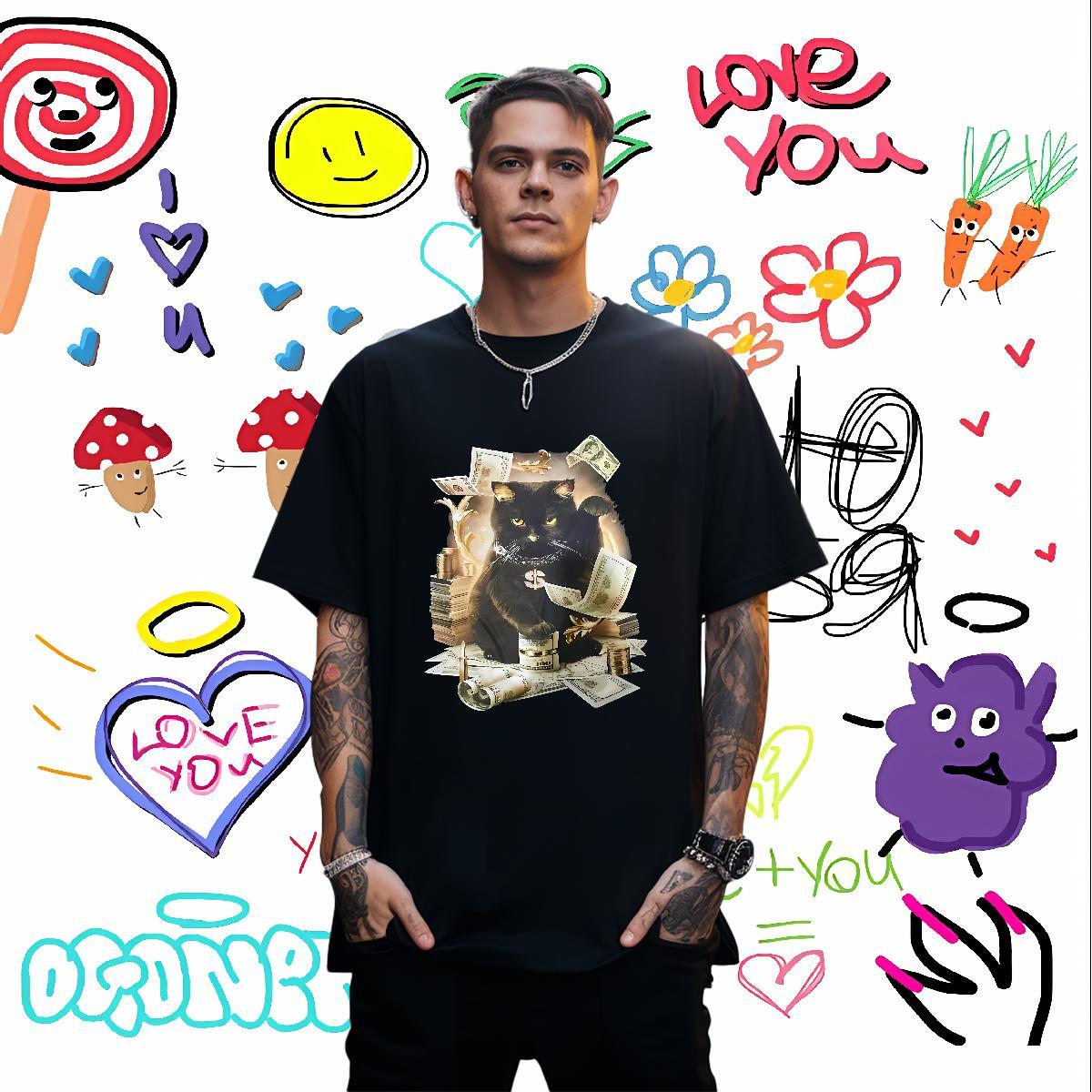 Classic T-Shirts cat Round Neck Short Sleeve Spring Summer Custom Printed 100% Cotton 230g Men Tops Tees 2024 Summer Top Tees