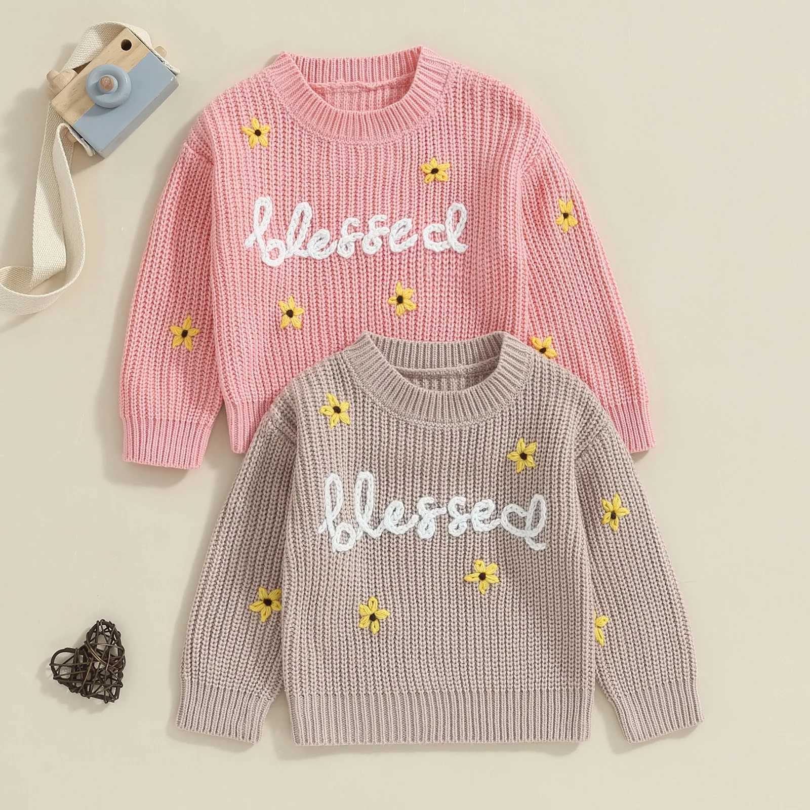 FOCUSNORM 0-3Y Autumn/Winter Girl Sweater 2-Color Long Sleeve Round Neck Flower Letter Embroidered Knitted Pullover Top W240820