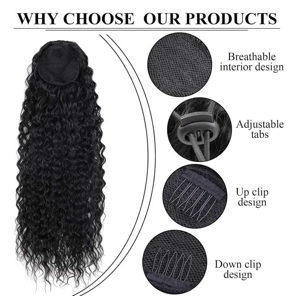 Long curly ponytail extended clip in synthetic brushed ponytail wig 32 inches long water wave African ponytail womens hair clip W240817