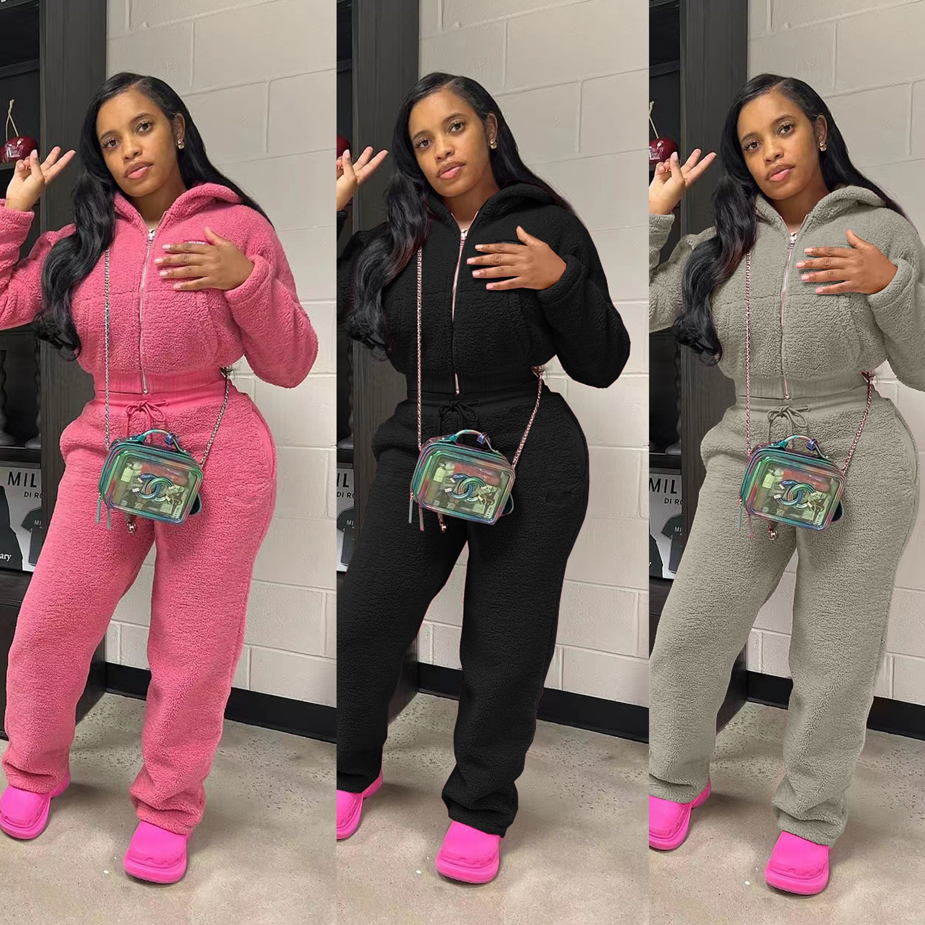 Iamgia Womens Tracksuit Outfits Flared Pants Zip-Up Cap Sleeve High Spring Top & Low Waist Microsolid Casual Fashion Veet Winter Long Suit Social Clot