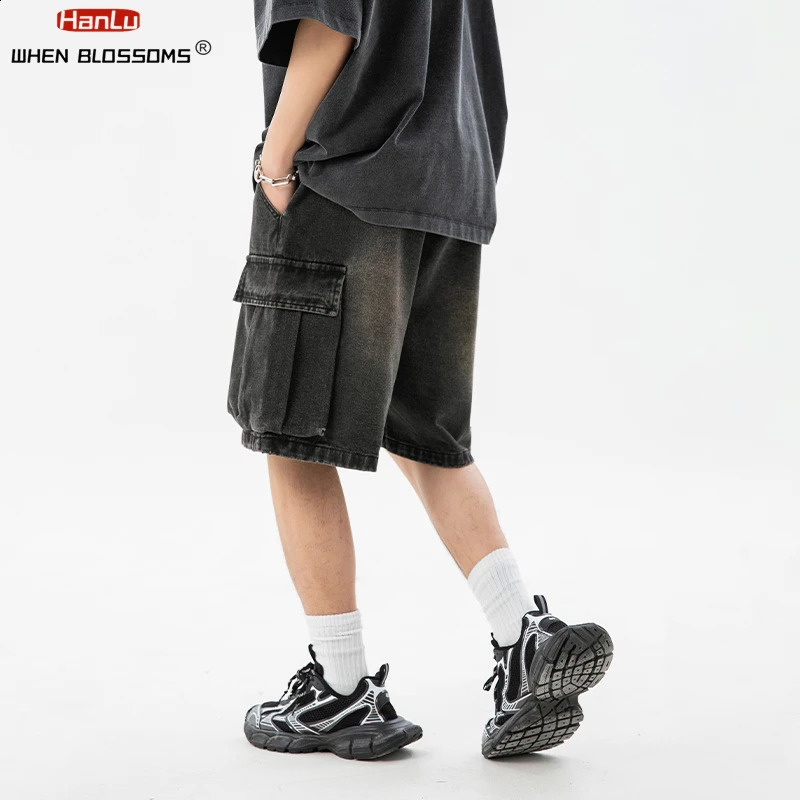 South Korean fashion mens wide leg denim shorts summer style loose casual elastic waist large pocket cargo jeans 240819