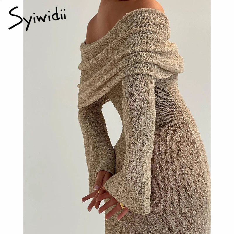 Syiwidii Elegant Knit Women Long Dress Off Shoulder Long Sleeve Sexy Hollow Out See Through Dresses Fashion Party Evening Dress 240819