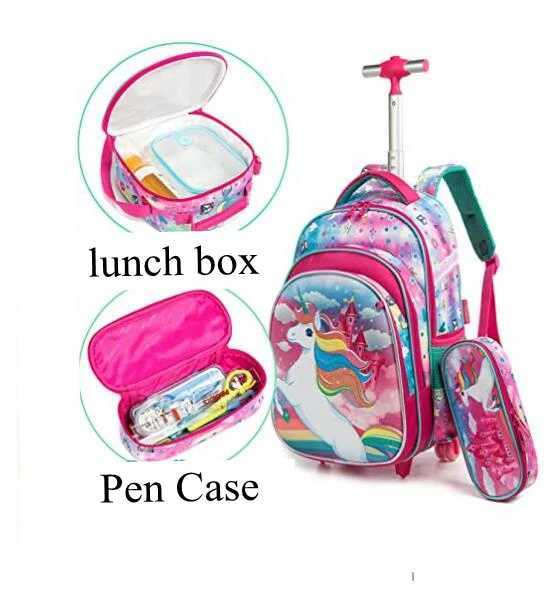3pcs Schoolbag set with wheels lunch bag Sequins 16 inch School Rolling bags wheeled backpack Student trolley backpack for boys Y240820