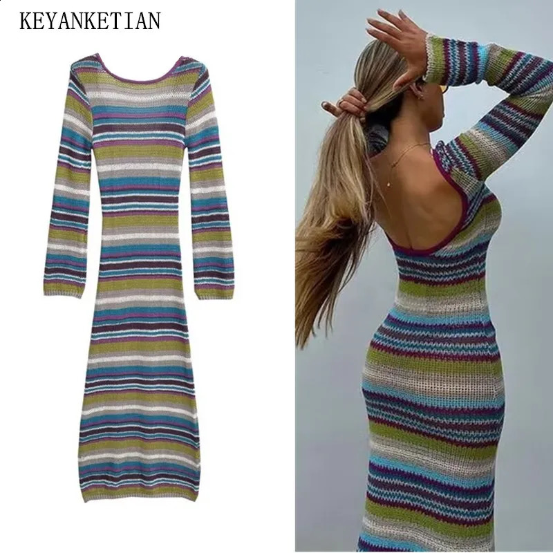 KEYANKETIAN Women Sexy Backless Striped Knit Dress Bohemian Holiday wind Long Sleeve Slim Ankle Long MIDI Dress 240819