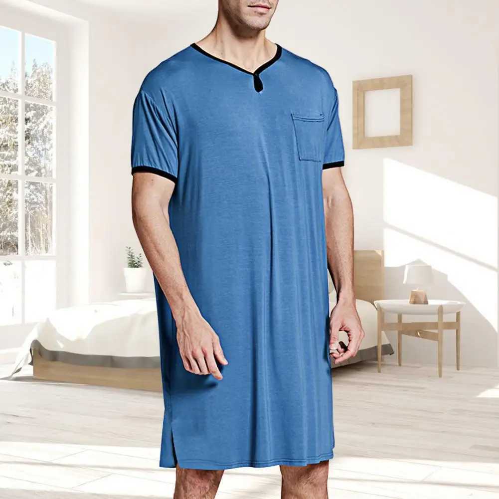 Mens sleepwear short sleeved O-neck pocket sleepwear loose knee length sleepwear mens sleepwear plus size 3XL warm mens clothingW240719