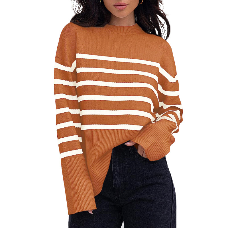 Trendy European & American Women's Striped Sweater - Cozy Round Neck, Long Sleeves with Side Split