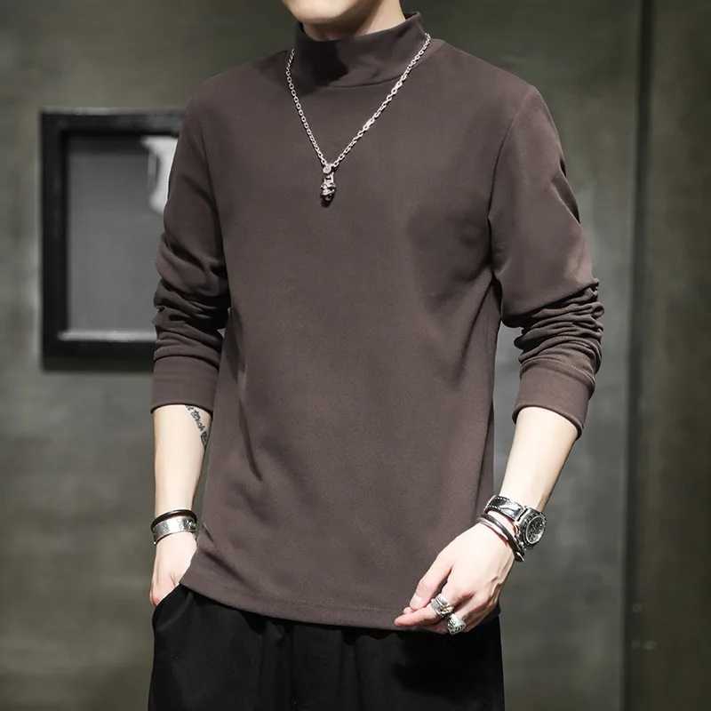 2023 Autumn Mens T-Shirts Spring High Collar Slim Tee Shirt Long Sleeve Solid Color De Rong Warm Basic Tops Man UndershirtsXJ240819