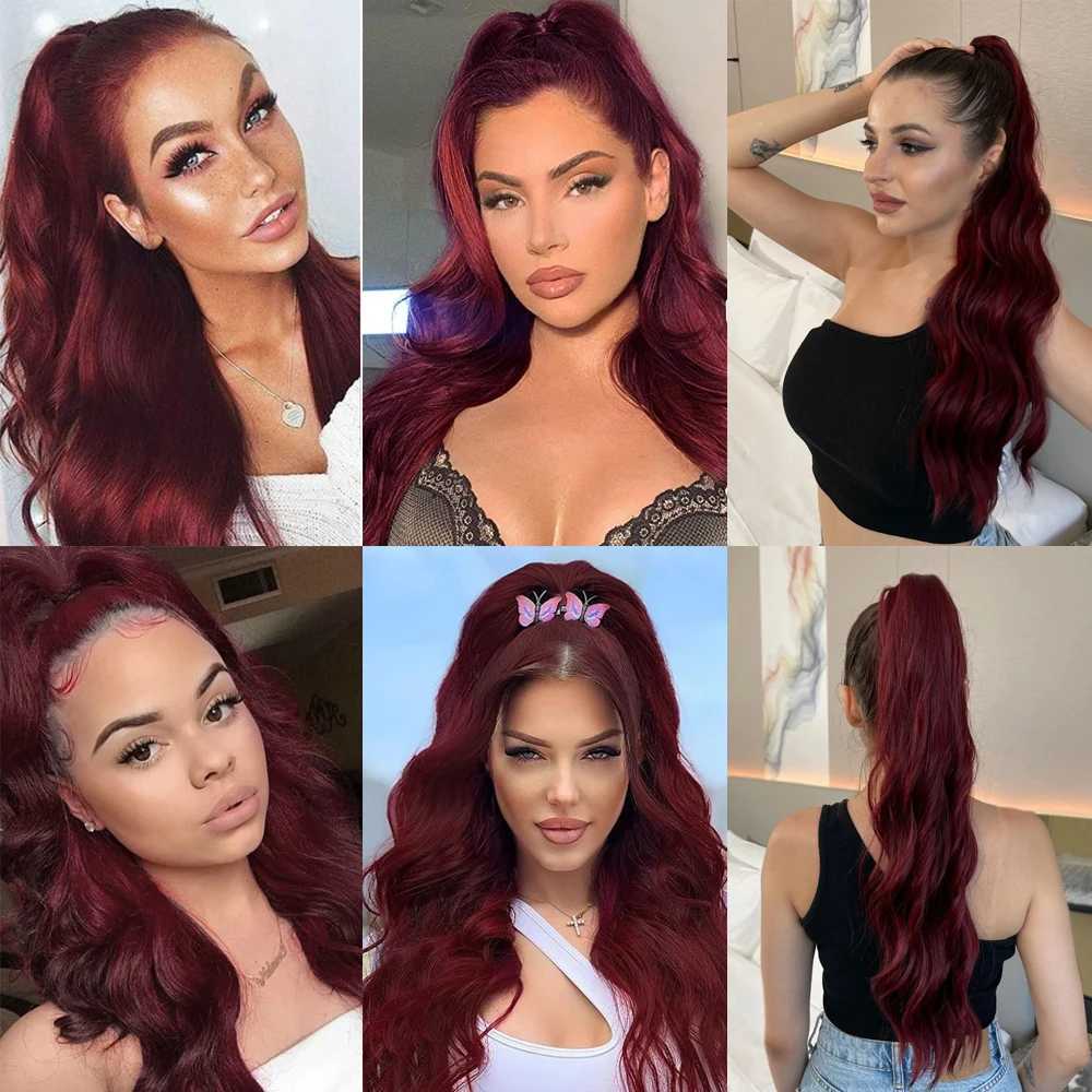 Wine red long wave synthetic ponytail flexible wrapping around hair extends womens daily fake hair party Lolita wig heat-resistant W240817