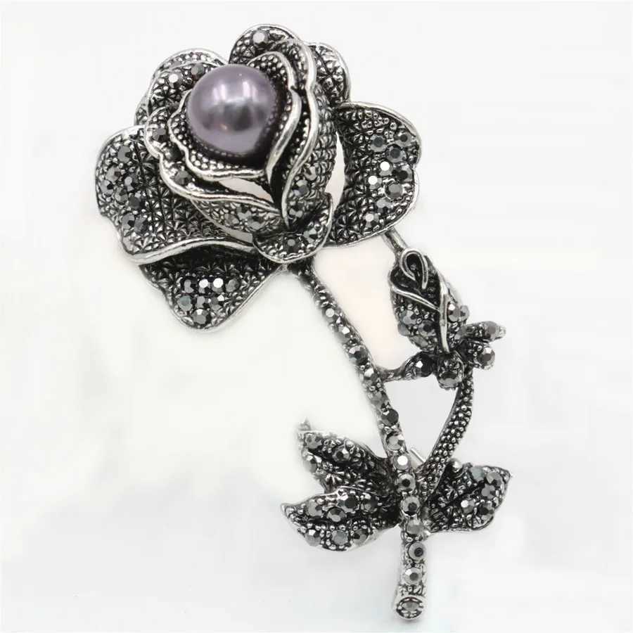 Black rhinestone brooch pearl flower rose leaf moon brooch elegant alloy brooch wedding glass bead crystal W240815