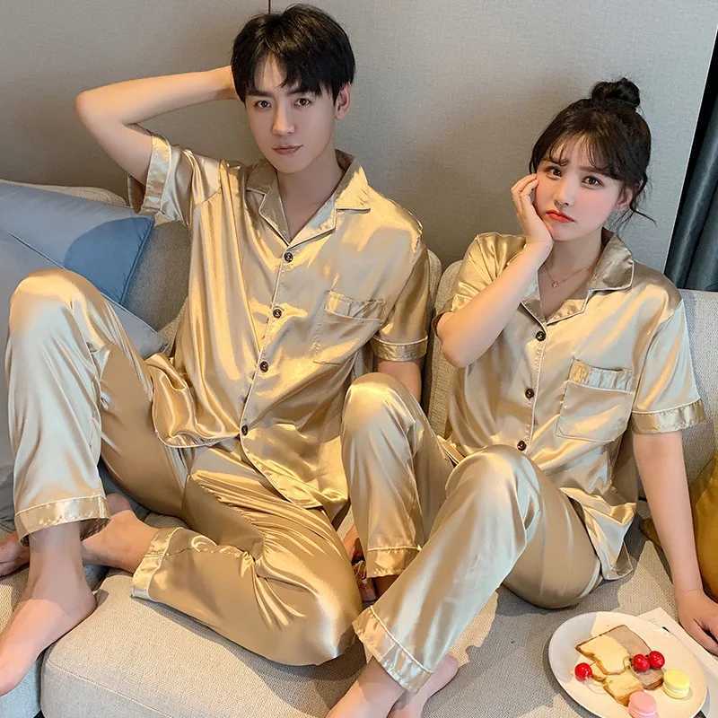 Spring Silk satin sleepwear couple set summer short sleeved button down sleepwear womens solid color casual wear plus size Pj set W241221