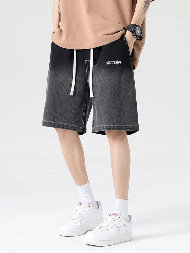 Gradient Summer Denim Shorts Mens Cotton Casual Breeze Drawstring Pocket Jeans Plus Size 8XL 240819