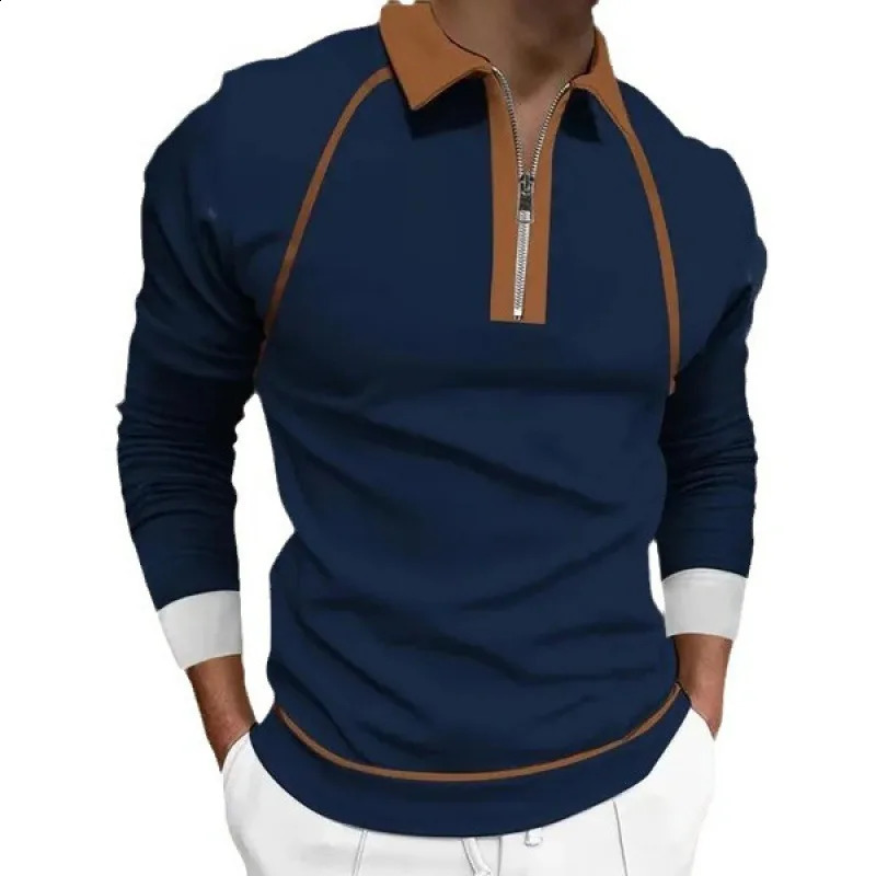 Mens Casual 3D Digital Printed Zipper Polo Shirt Fashion Solid Color Plus Size Series Lapel Long Sleeve 240820