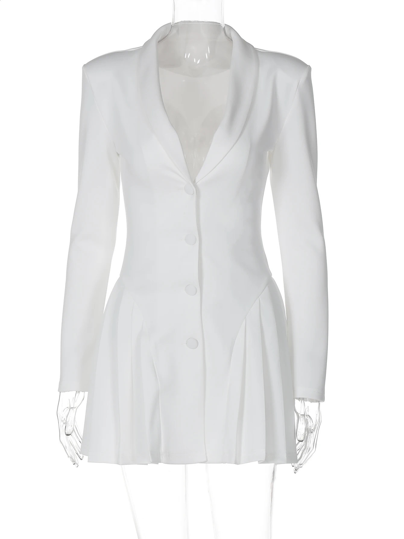 Hugcitar Fashion Solid Long Sleeve Shoulder Pads Buttons Ruched Sexy Mini Blazer Dress Women Fall Outfit Birthday Party Festival 240819