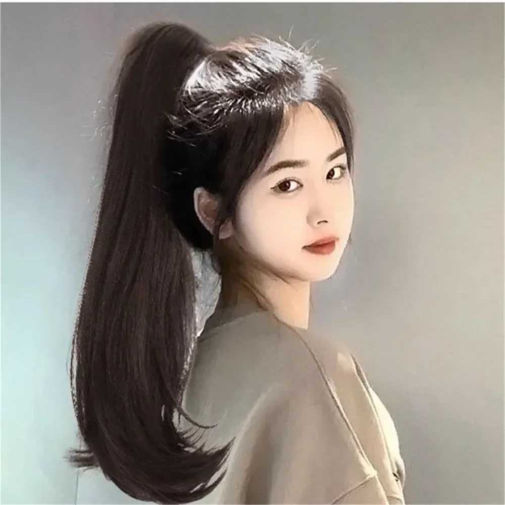 45cm natural synthetic straight ponytail clip wig for women simulating fluffy and slightly tilted hair extension W240817