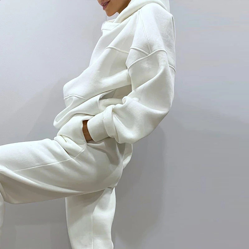 Women Fleece Two Piece Set Oversize Hoodie Sweatshirt And Jogger Trouser Tracksuits Autumn Winter Female Casual Sports Suit 240820