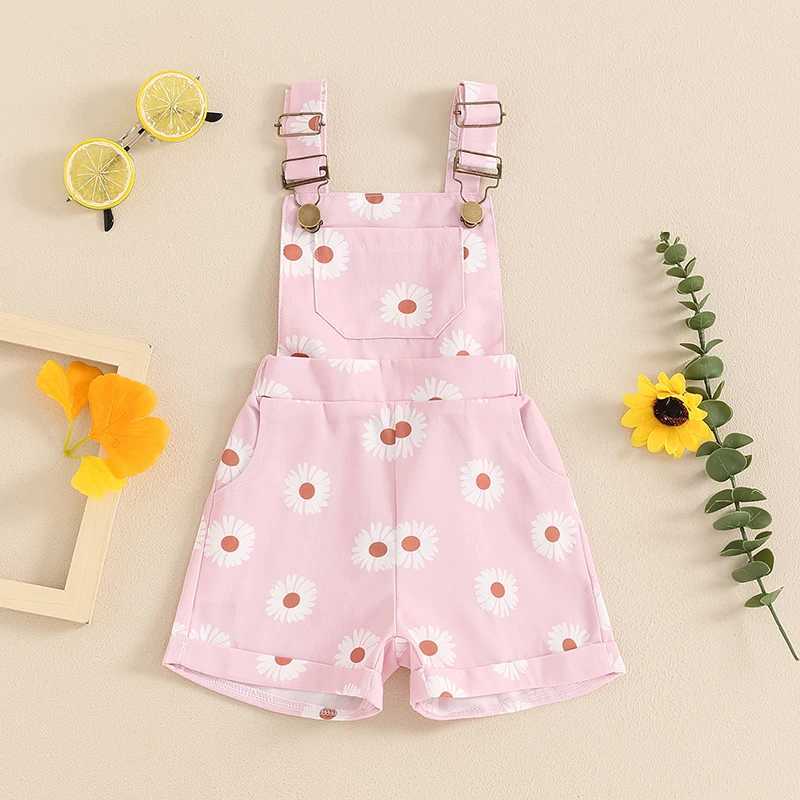 Children toddlers girls summer short sleeved print sleeveless buttons adjustable shoulder straps jumpsuit with pockets W240806