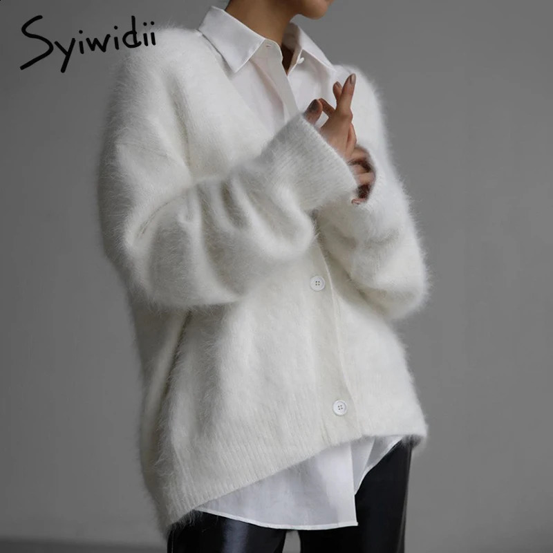 Syiwidii Elegant Knitted Womens Open Skirt Casual Vneck Single Chest Long Sleeve Sweater AutumnWinter Fashion Coat 240819