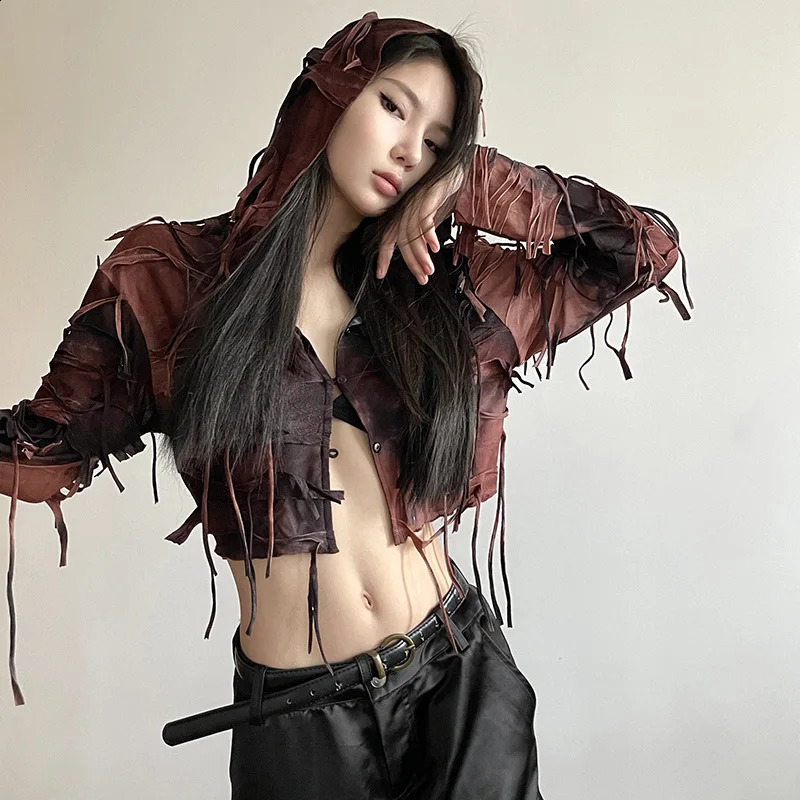 Yangelo Gothic dark patchwork work fringe fairy pleated hooded cardigan womens Y2K retro long sleeved ultrathin button crop top 240814