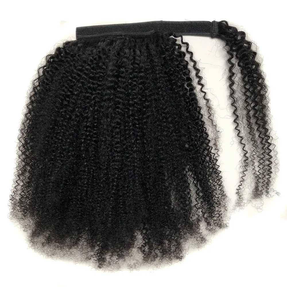 African twisted curly ponytail with black female hair extending and wrapped around the 3C 4A curly ponytail W240817
