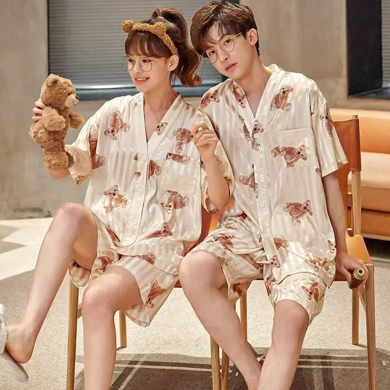Mens silk sleepwear home V-neck set sleepwear adult sleepwear loose set sleepwear Korean womens couple cat animeW240719