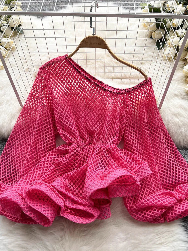 XFPV autumn summer fashion Korean chic patchwork hollow shirt loose long sleeved top womens SM2255 240819