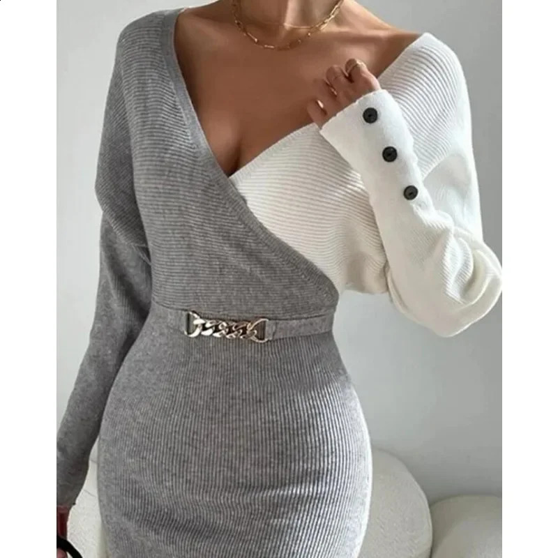 Sweater Dresses High Waist Button Decor Trend Sheath Sexy Dress Women Long Sleeve V-neck Mid-Length Long Sleeve Knit Midi Dress 240819