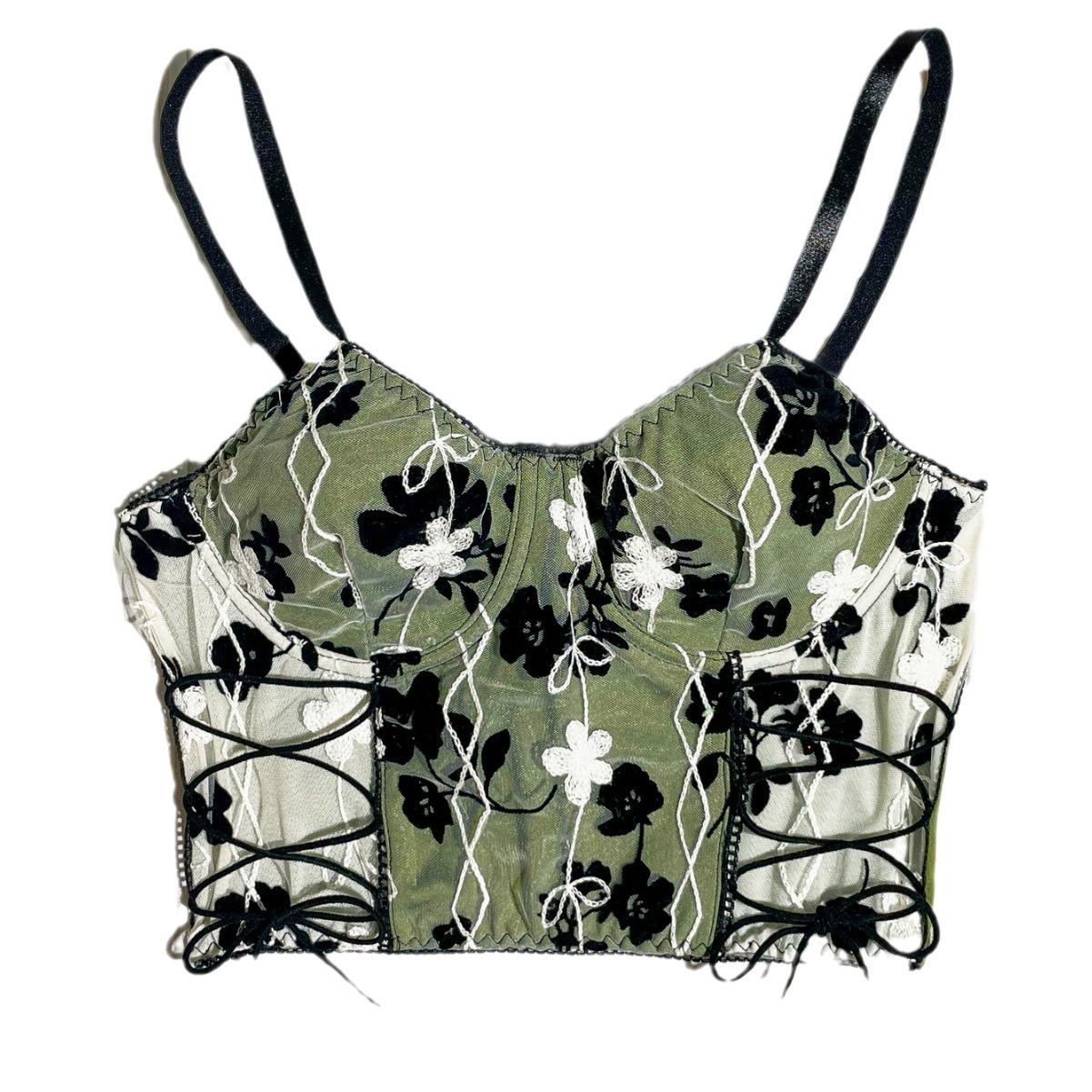 Women's Side Lace Mesh Criss-Cross Crop Top with Floral Embroidery - Stylish Bustier Design for a Chic Look
