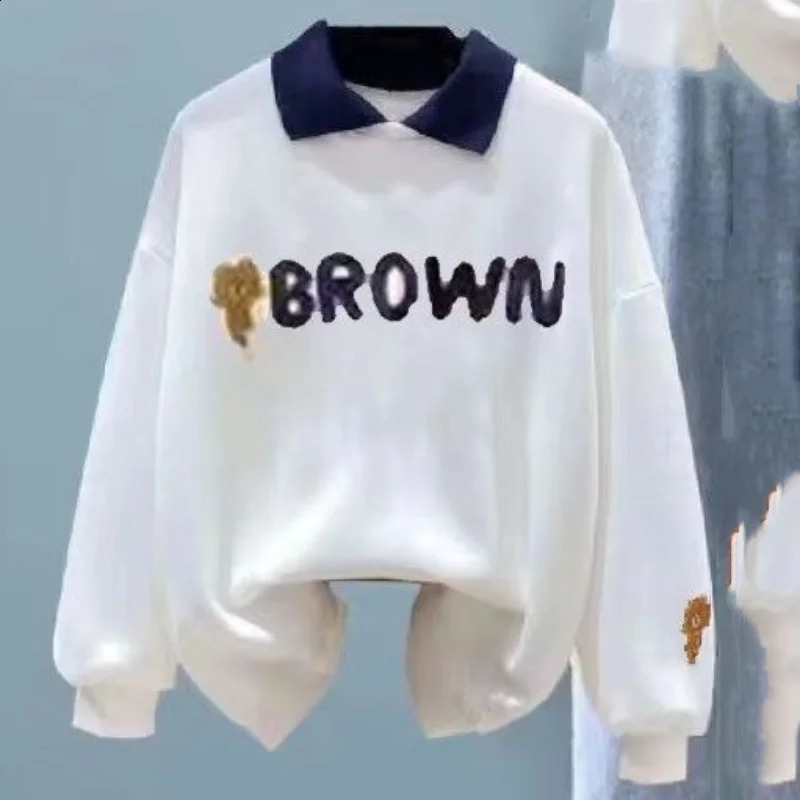 Spring and Autumn Sports Set Womens Korean Edition Loose POLO Neck Loose TopElastic Waist Casual Pants Two Piece Set 240820