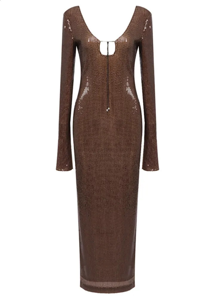 Summer Dress Women Sexy Full Sleeve Mesh Sequins Brown Bodycon Ankle Length Dress Elegant Long Evening Party Dress 240819