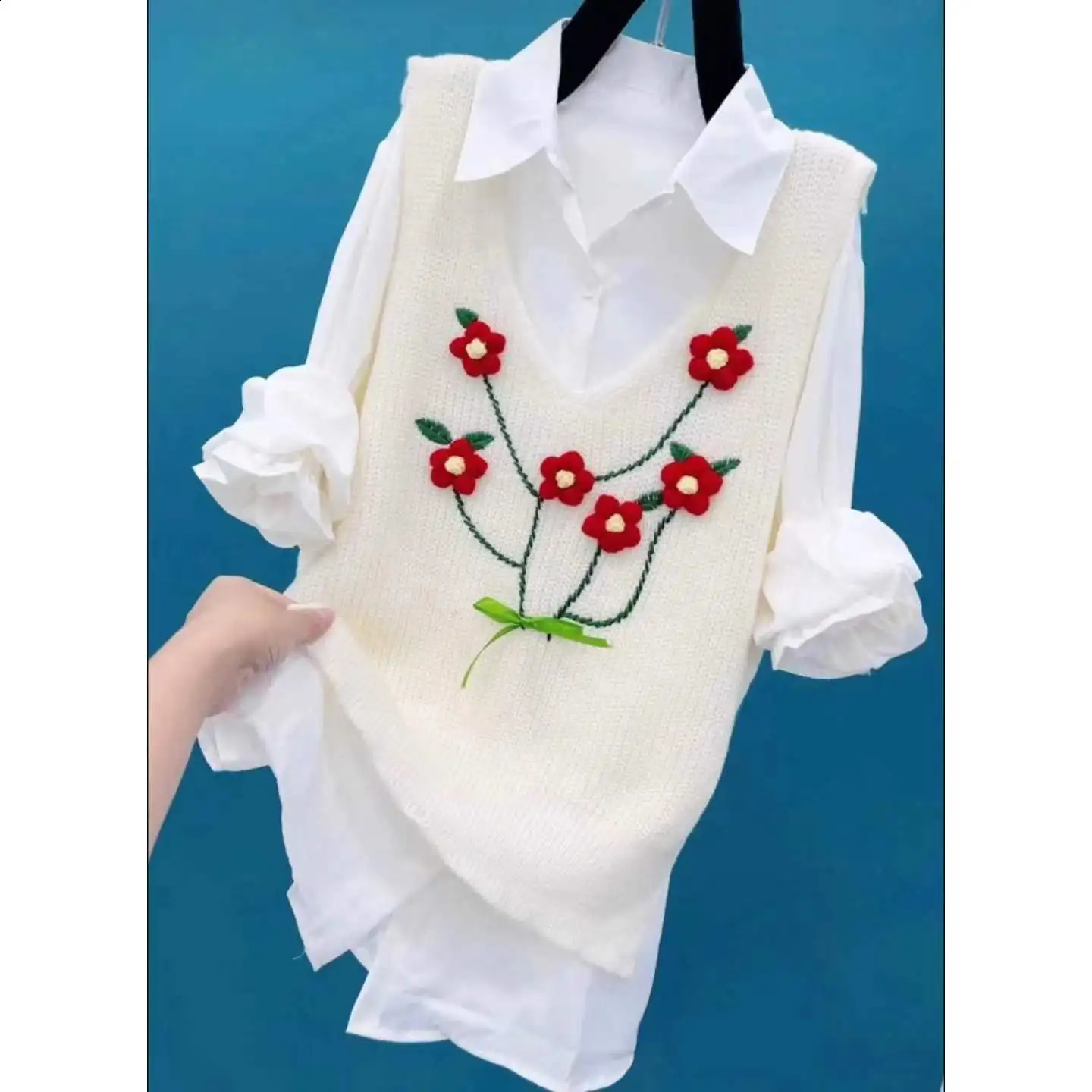 Autumn Sweet Bright Thread Decorative Knitted Sweater Womens Kawaii Collar Long Sleeve Shirt Cute Two Piece Set 240819