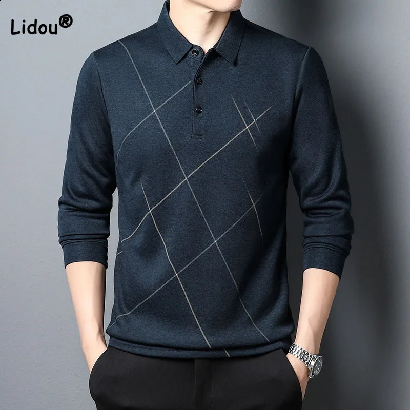Business Office Casual Striped Solid Color Shirt Male Clothes Spring Autumn Loose All-match Mens Long Sleeve Polo-Neck Shirts 240820