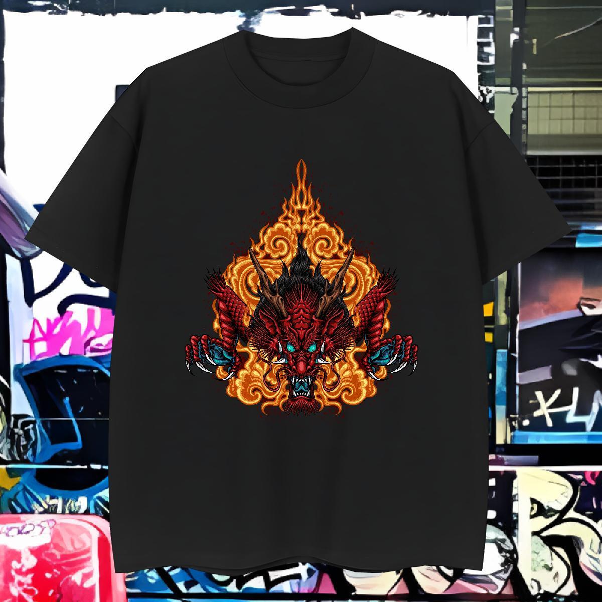 Popular dragon head T-Shirts for Men Sport Tshirts 230g Pure Cotton DIY Breathable Short Sleeve Black Oversized Tops