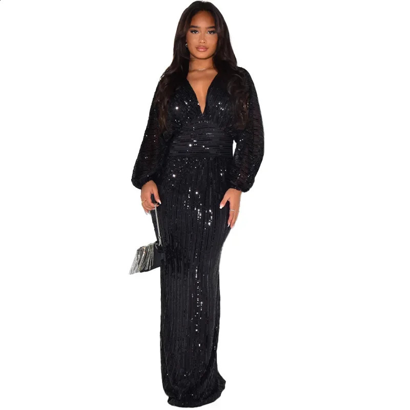 Fashion Sequined Womens Dress Long-Sleeved V-neck Dresses Elegant Party Sundress Lady Vintage Vestidos Oversized 240819