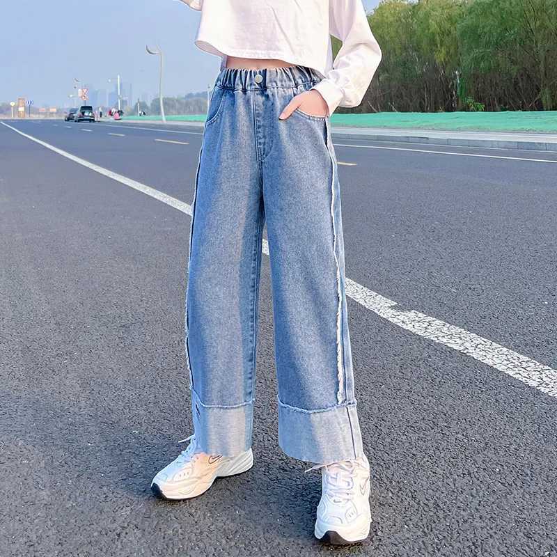 2024 Childrens Baby Girls Spring Jeans Elastic Strapless Childrens Loose and Loose Long Leg Pants Denim Autumn Trouthers 10 11 12 13 Years OldW240819