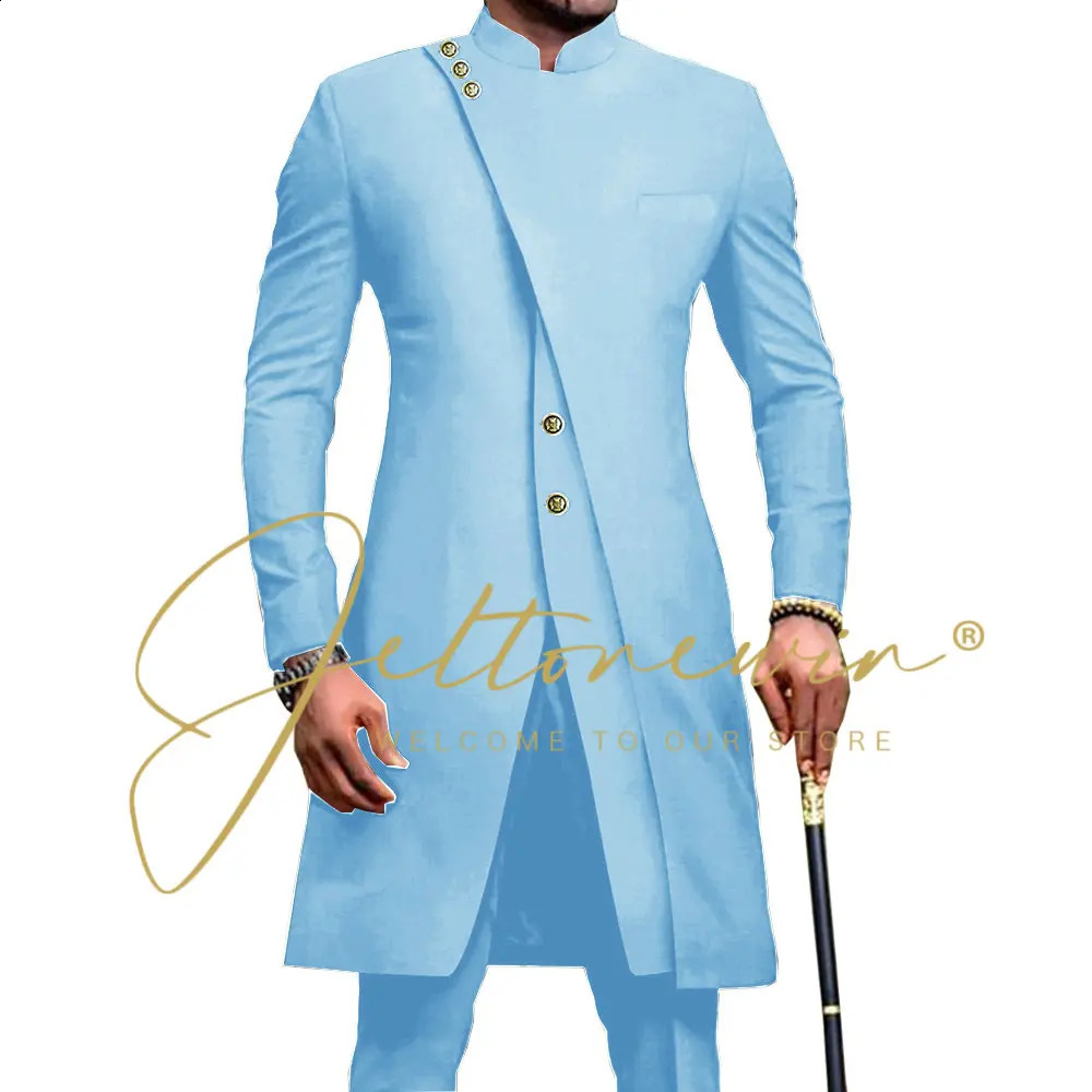 African Style Stand Collar Male Navy Blue Groom Tuxedos For Wedding Costume Groomsmen Man Slim Fit 2 Piece Blazer Pant 240819