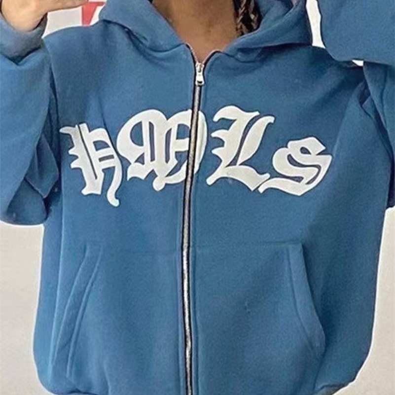 Y2K zip up hoodie Harajuku Hip Hop Punk streetwear goth Letter printing oversized hoodie Sweatshirt Vintage Loose Clothes 240819