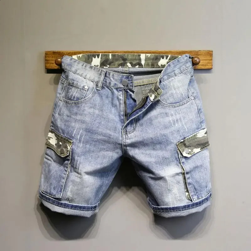 Mens denim shorts camouflage graphic trend mens XL patchwork original summer Korean fashion Jorts 240819