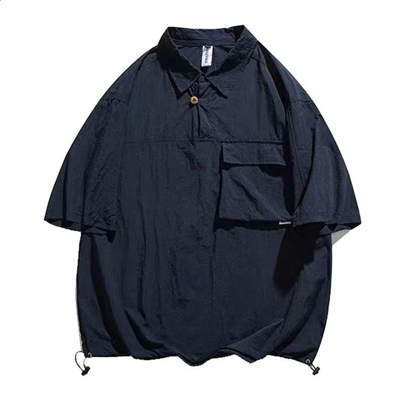 Summer Japan Style Vintage Short Sleeve Men Polo T Shirts Casual Fashion Harajuku All-match Oversized Couple Clothing Brown Blue 240819