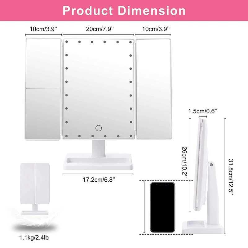 Trifold Makeup Mirror With 22 LED Lights10X/3X/2X Magnification Portable Fold Lighted Table Desk Cosmetic Mirror Y240819