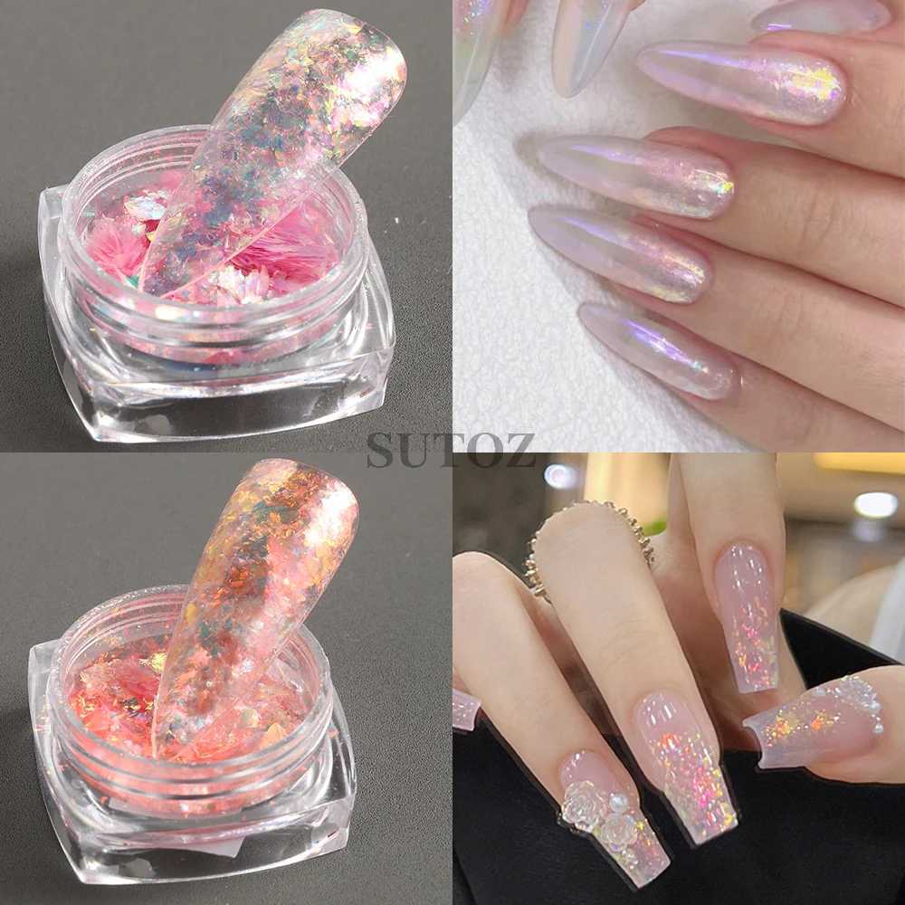 2 Boxes Shiny Mermaid Opal Powder Chunky Nail Glitter Iridescent Pink Purple Chameleon Pigment Yuki Flakes Manicure PaillettesXJ240815