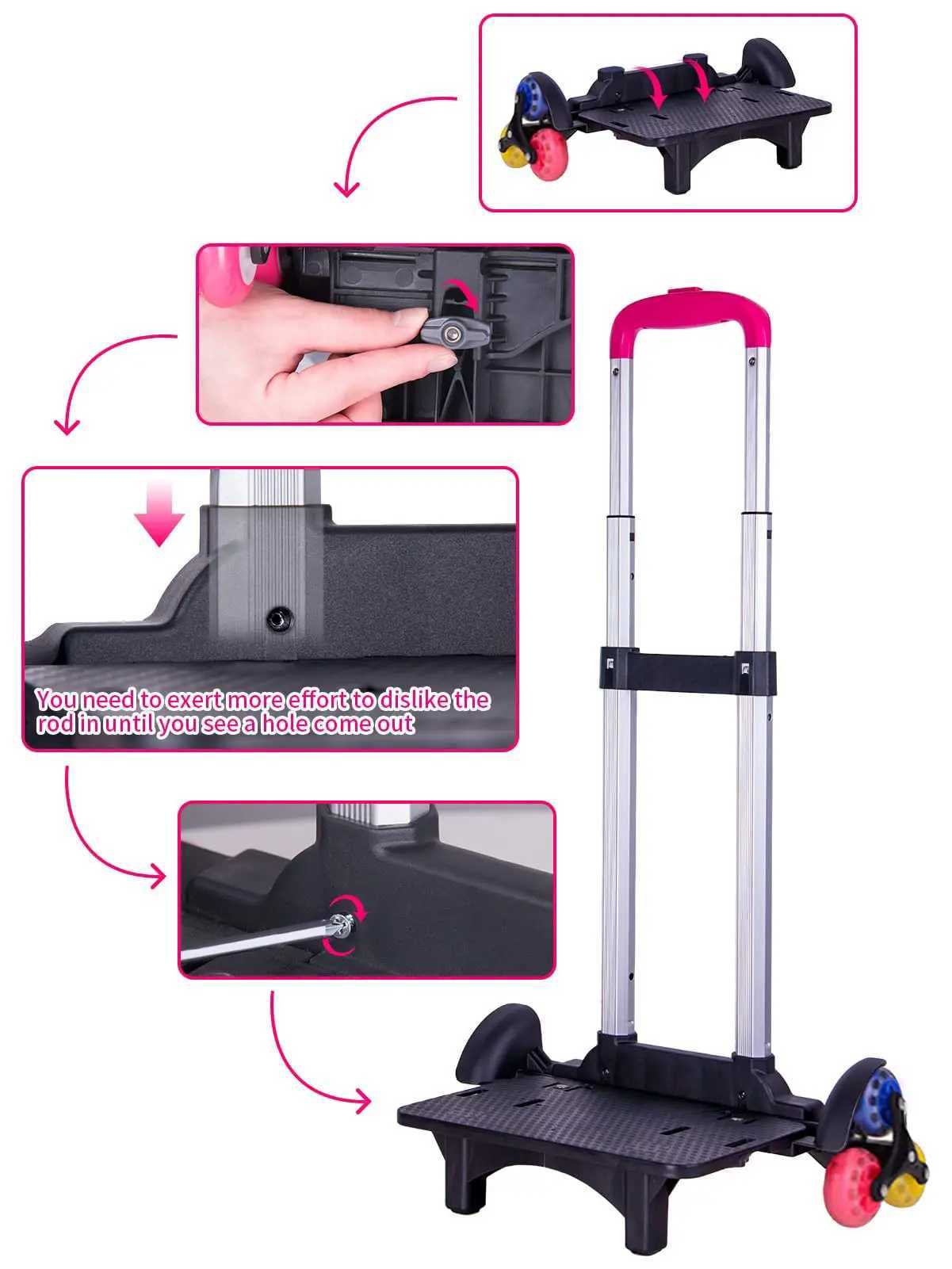 Backpack Trolley Wheeled Trolley Aluminium Alloy Foldable Hand Cart 6 Wheels Rolling Luggage Carts for Kids School Y240820