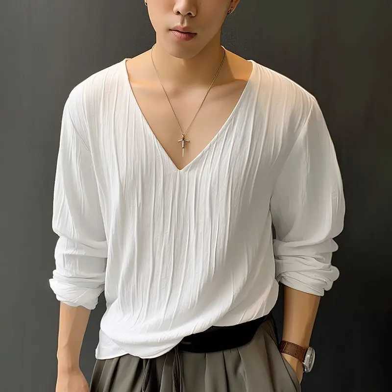 INCERUN Tops 2024 Korean Style Fashionable New Mens V-neck Pleated Camiseta Casual Solid Comfortable Long Sleeved T-shirts S-5XLXJ240819