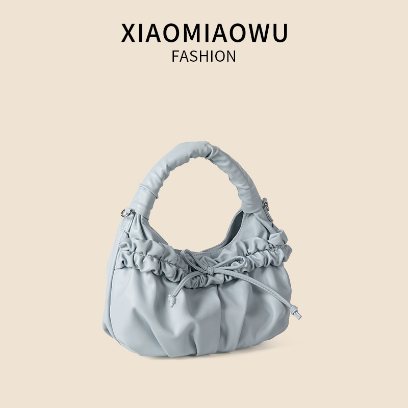 Small niche pleated high-end work handbag, bow PU summer shoulder crossbody bag, women's versatile bag